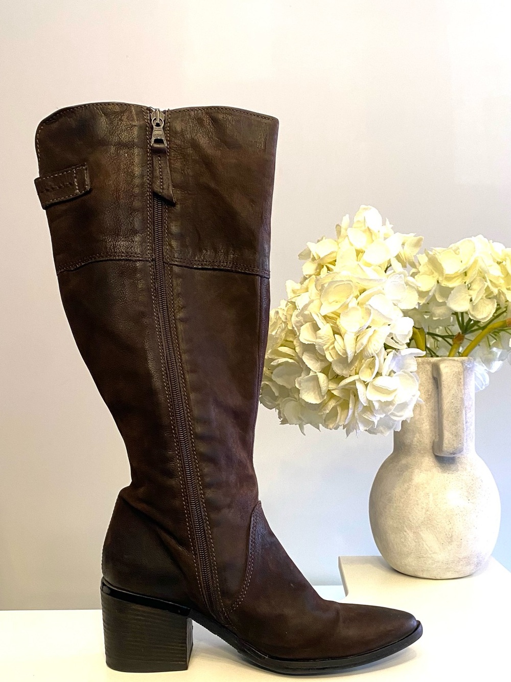 Mjus Dark Brown Leather Knee-High Boot with Block Heel and Decorative Zipper 8.5